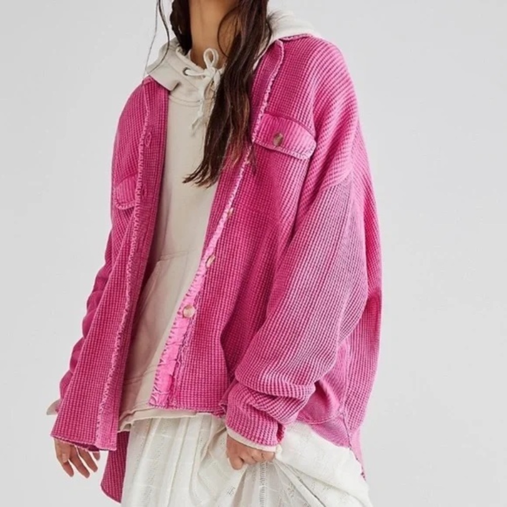 Free People FP One Scout Waffle Knit Button Up‎ Jacket in Pink Phenom Large